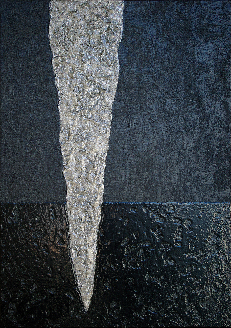 Ouverture 03, acrylique, sable et pigments métalliques sur toile, 70x50 cm.