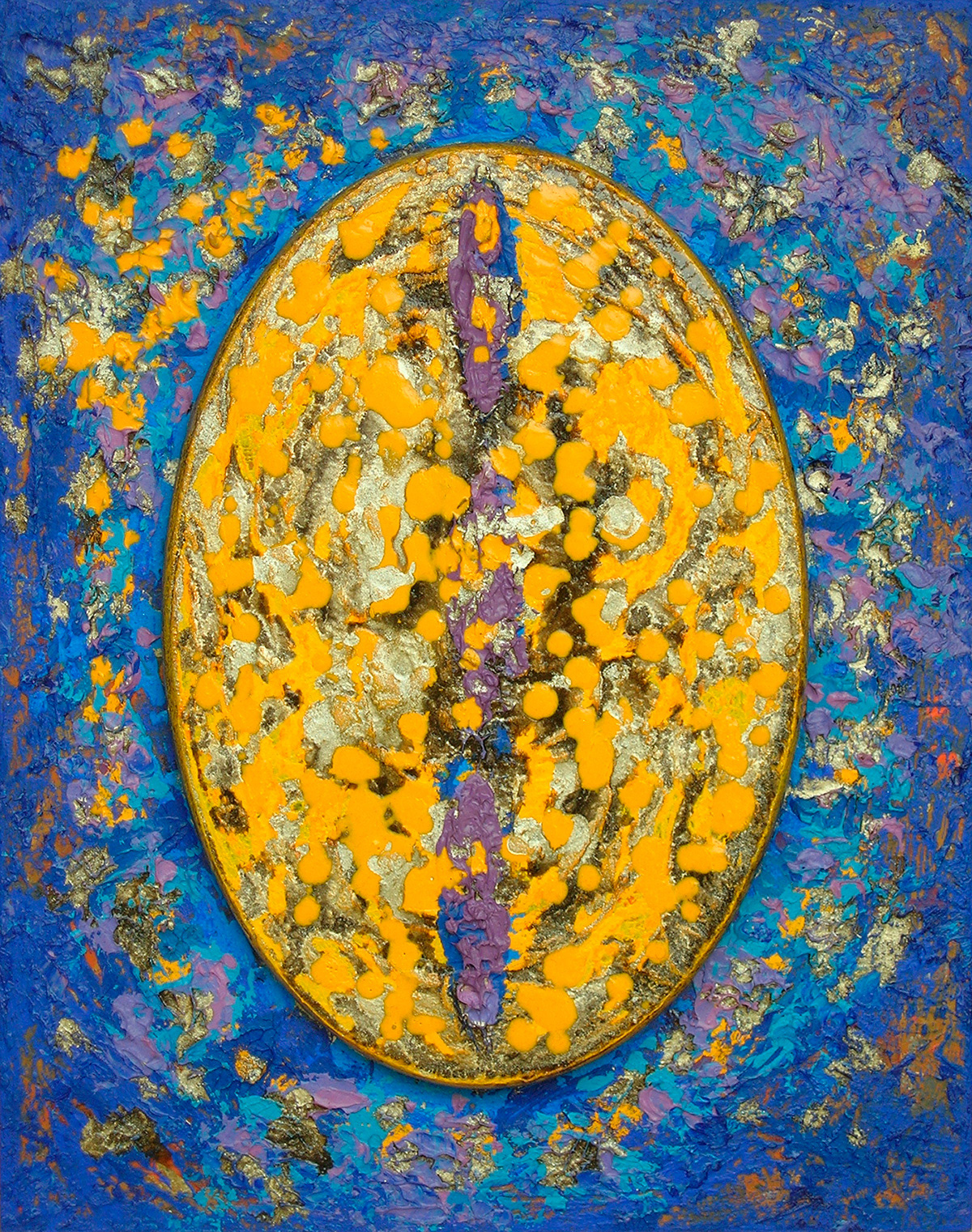 Matrice 02, acrylique, sable, huile et pigments métalliques sur bois, 33x26 cm.