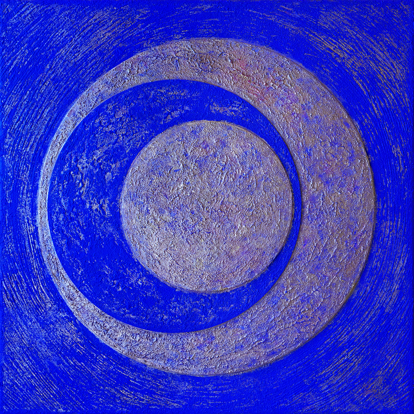 Cercle et espace 01, acrylique, sable, cartons toilés et pigments métalliques sur toile, 50x50 cm.