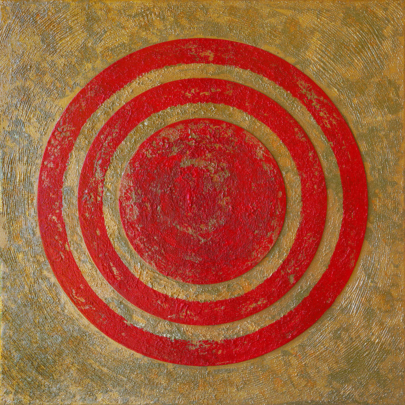 Cercle et espace 02, acrylique, sable, cartons toilés et pigments métalliques sur toile, 50x50 cm.
