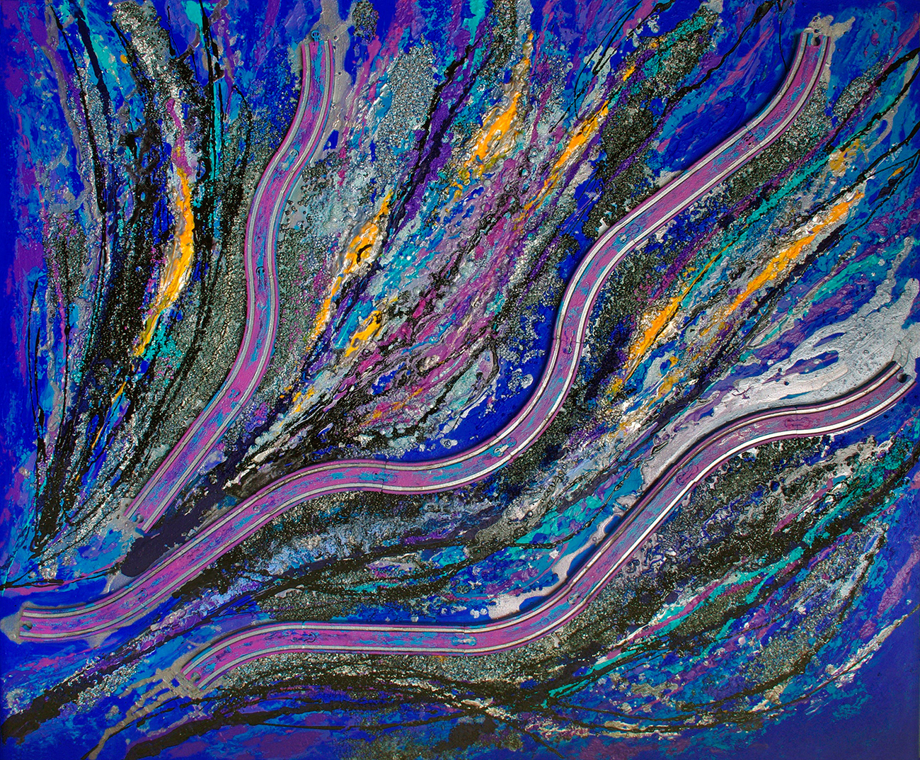 Hors des sentiers battus, acrylique, bois et pigments métalliques sur toile, 100x120 cm.