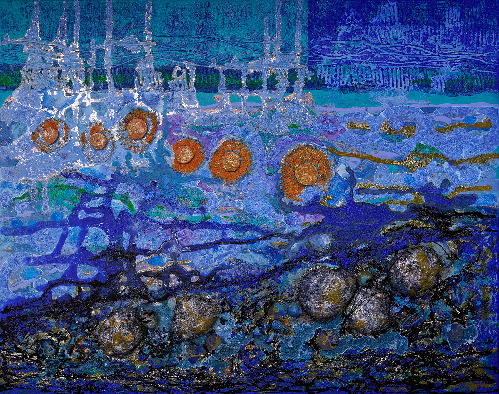 Psaume 19 (18), peinture et encres acryliques, sable, bois, tissu, nylon et pigments métalliques sur toile, 80x100 cm.