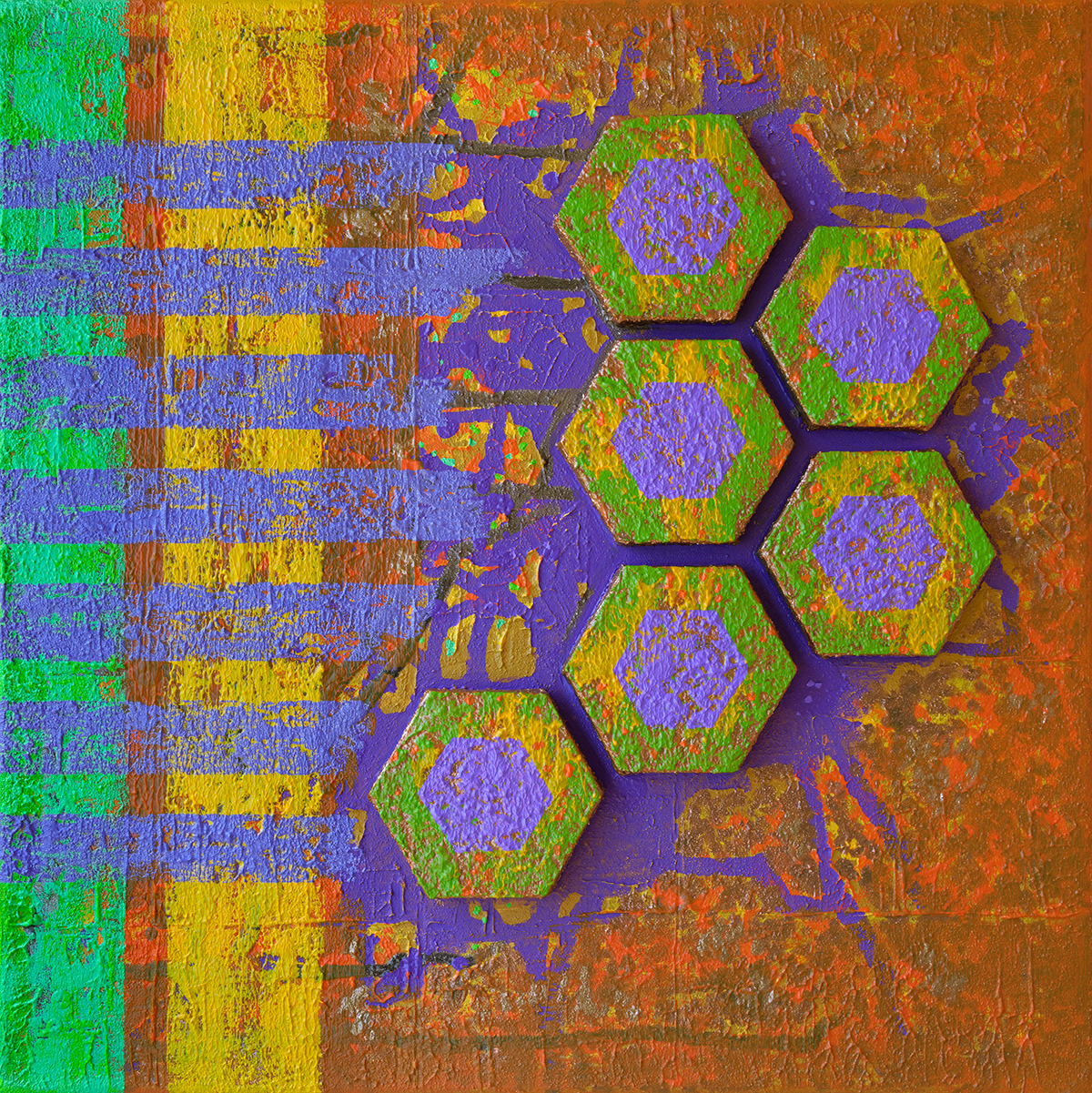 Hexagone 01, acrylique, sable et pigments métalliques sur toile, 50x50 cm.