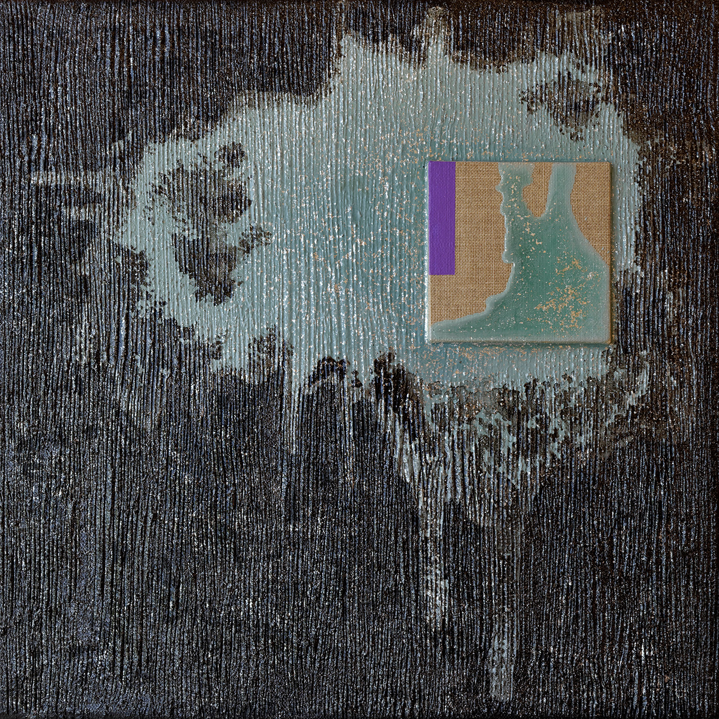 Apologie du carré 01, acrylique, sable, carton toilé de lin et pigments métalliques sur toile, 40x40 cm.