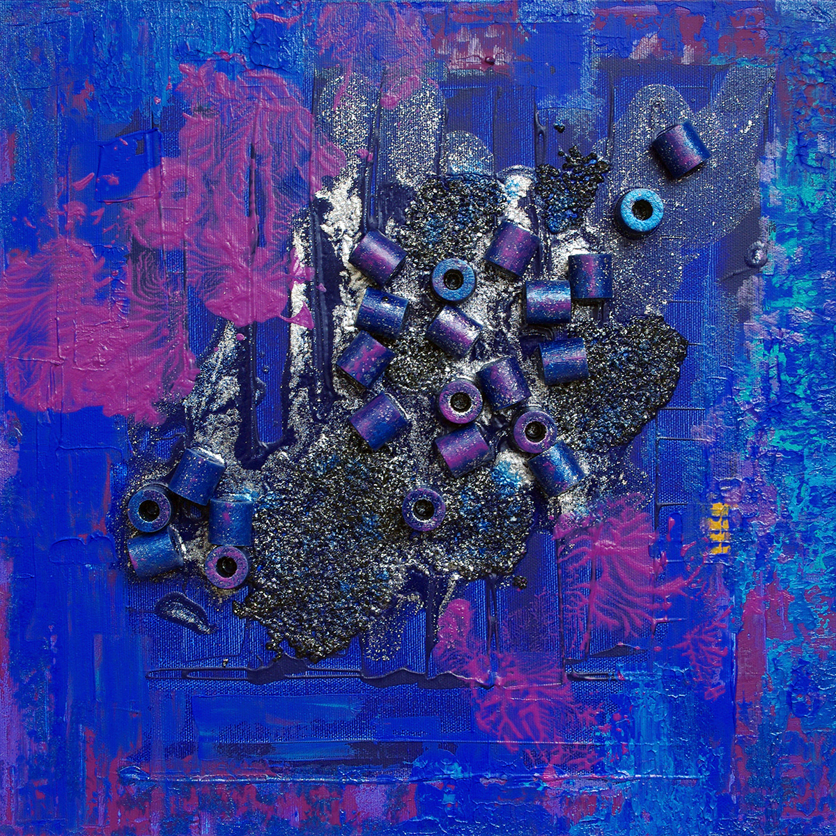 Eléments 11, acrylique, sable, bois et pigments métalliques sur toile, 40x40 cm.