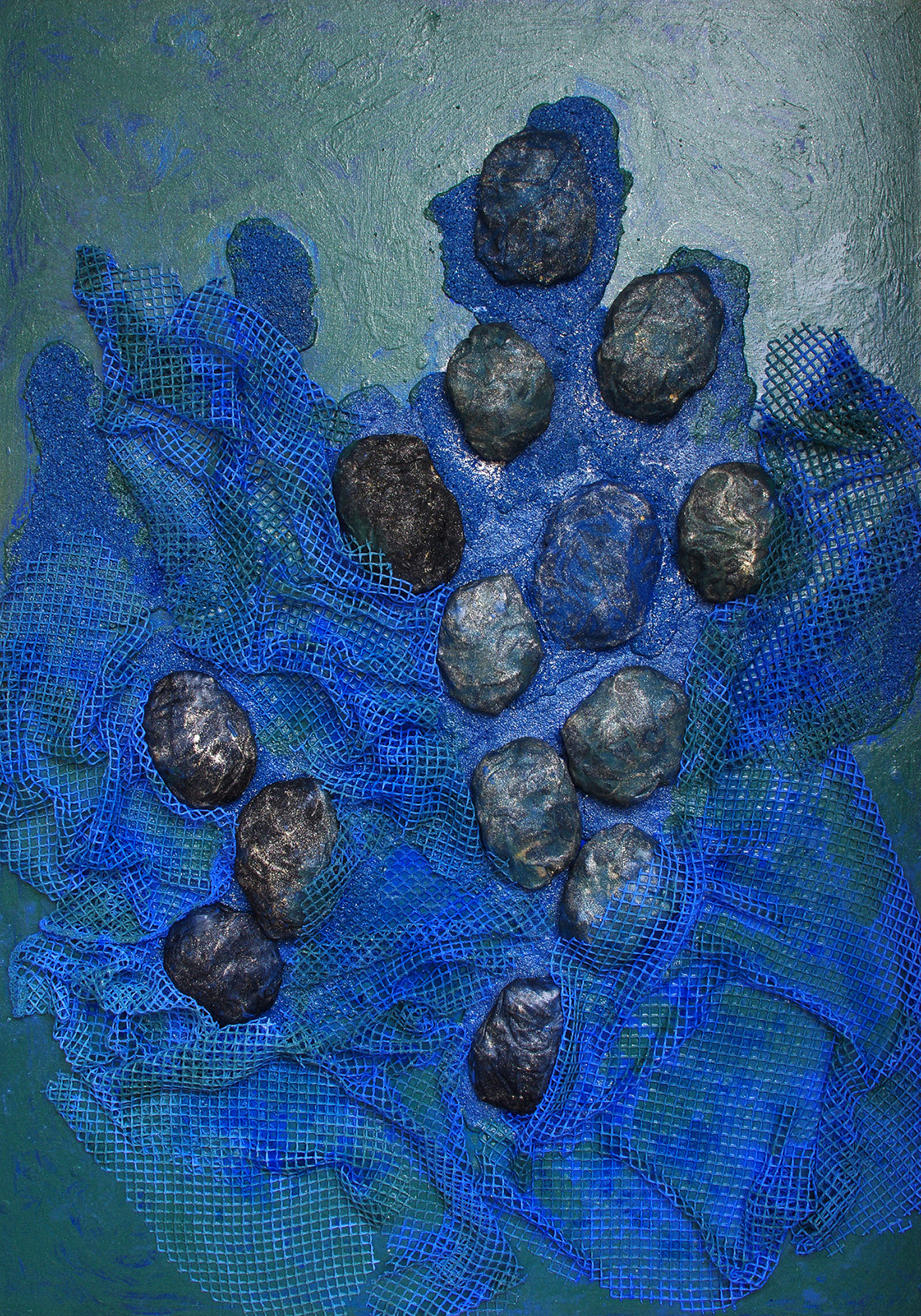 Conscience 07, acrylique, sable, treillis tissu, nylon, résine et pigments métalliques sur toile, 100x70cm.