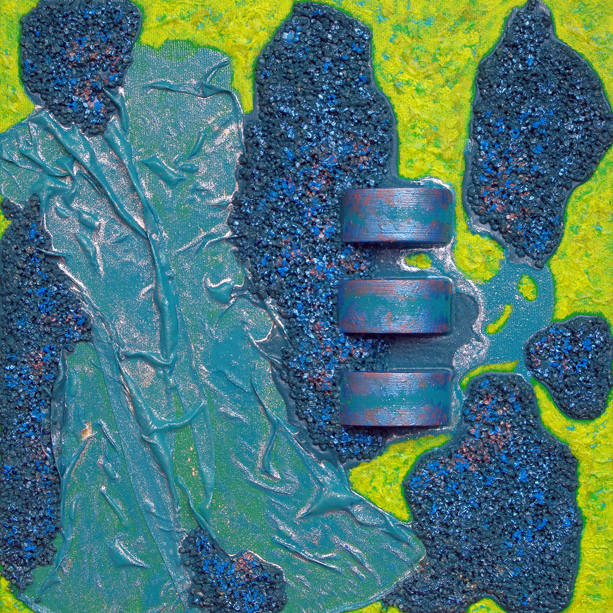 Eléments 13, acrylique, sable, bois, soie et pigments métalliques sur toile, 30x30 cm.