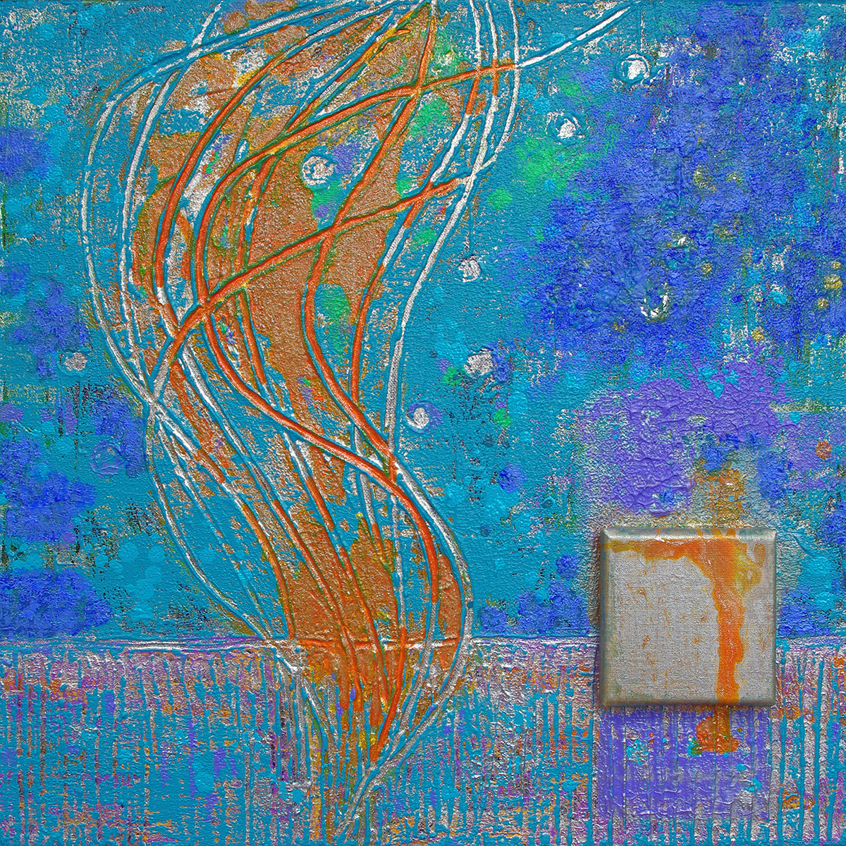 Mouvement 09, acrylique, sable et pigments métalliques sur toile, 50x50 cm.