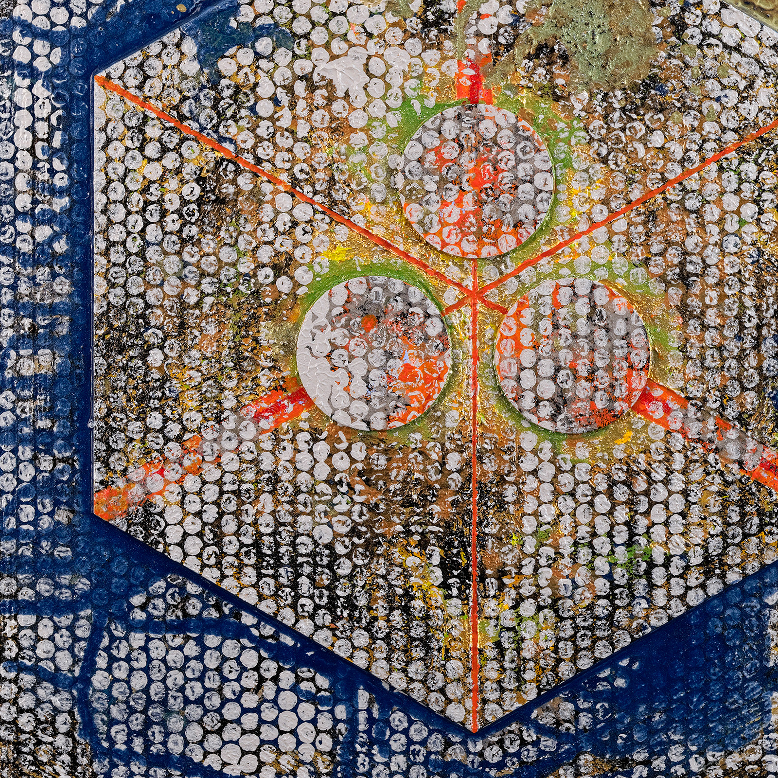 Hexagone 04, détail, acrylique, sable, bois et pigments métalliques sur toile, 60x60 cm.