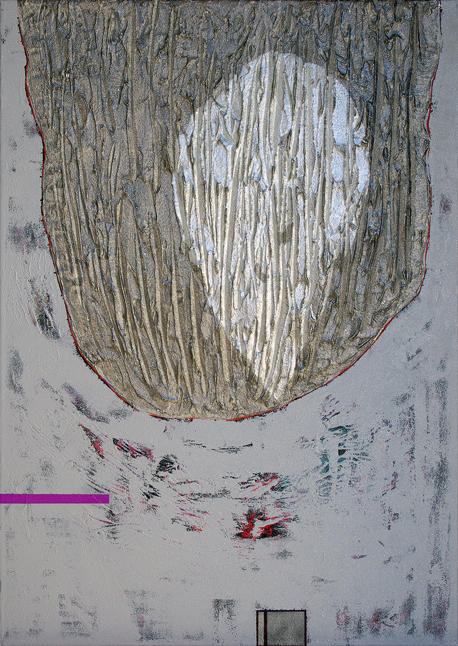 Eléments 02, acrylique, sable et pigments métalliques sur toile, 70x50 cm.
