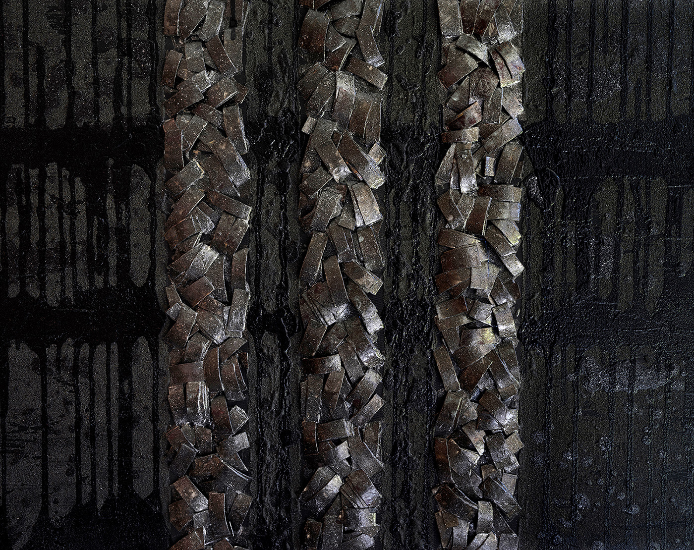 Psaume 130 (129), détail, acrylique, sable, cartons impregnés de résine et pigments métalliques sur toile, 90x110 cm.