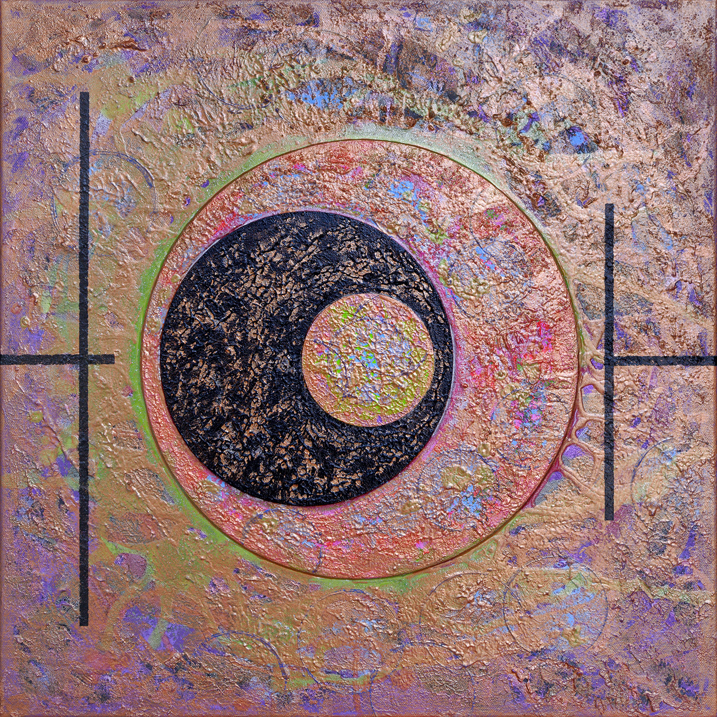 Cercle et espace 03, acrylique, sable, cartons toilés et pigments métalliques sur toile, 50 x 50 cm.