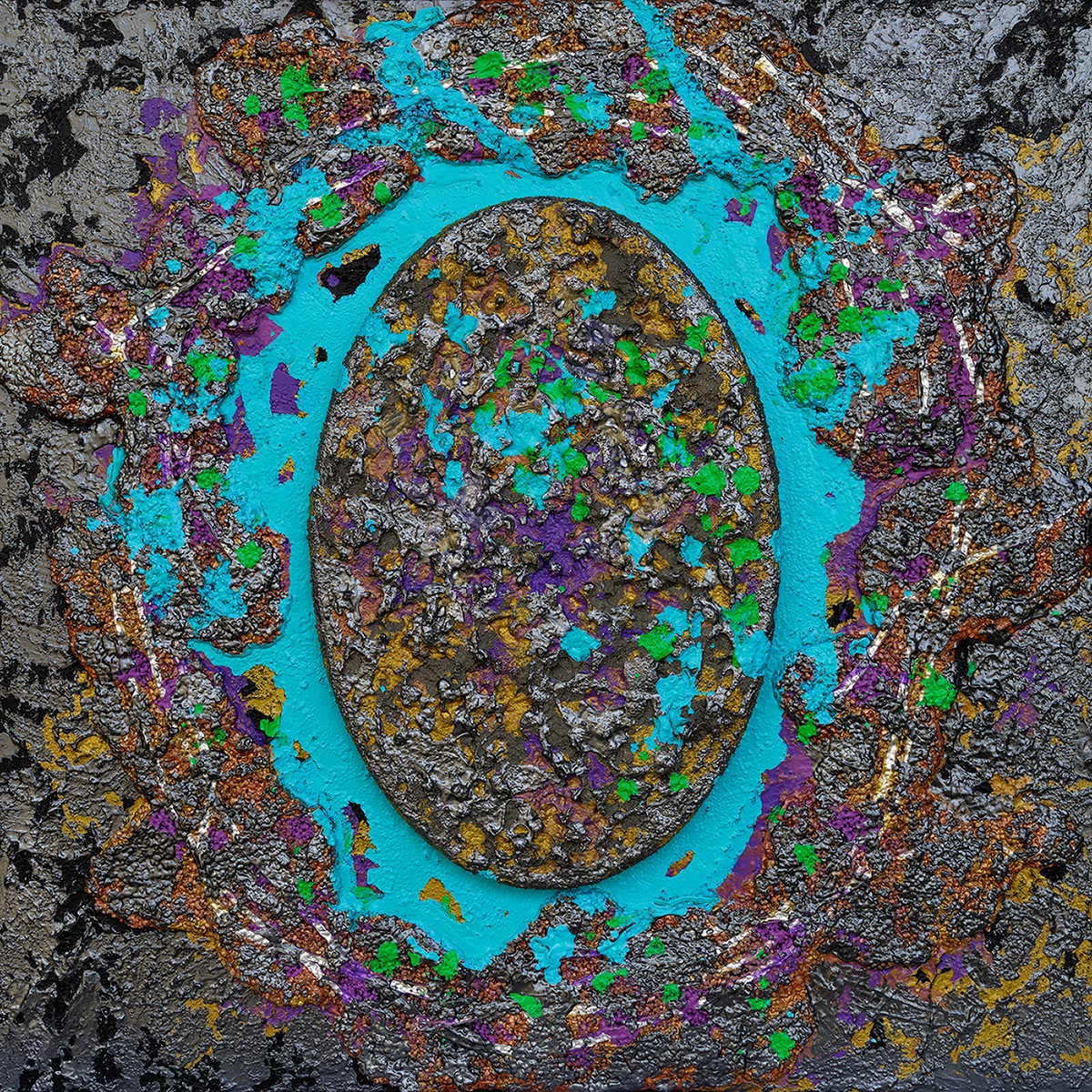 Matrice 54, acrylique, sable et pigments métalliques sur bois, 40x40 cm.
