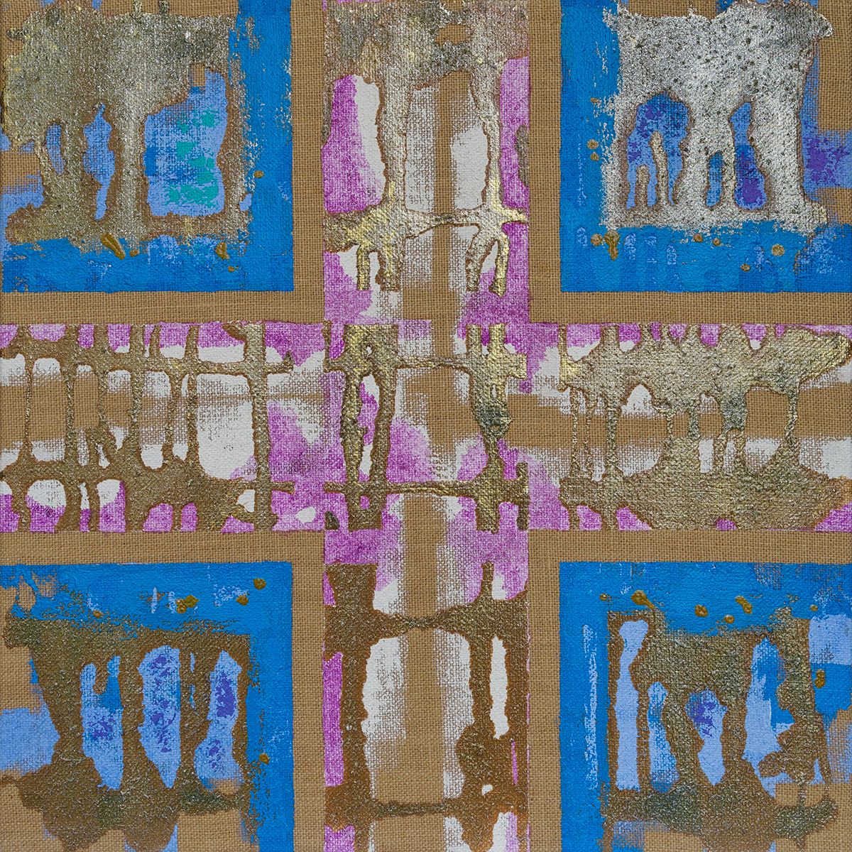 Crux 25, acrylique et pigments métalliques sur toile de jute, 50x50cm.