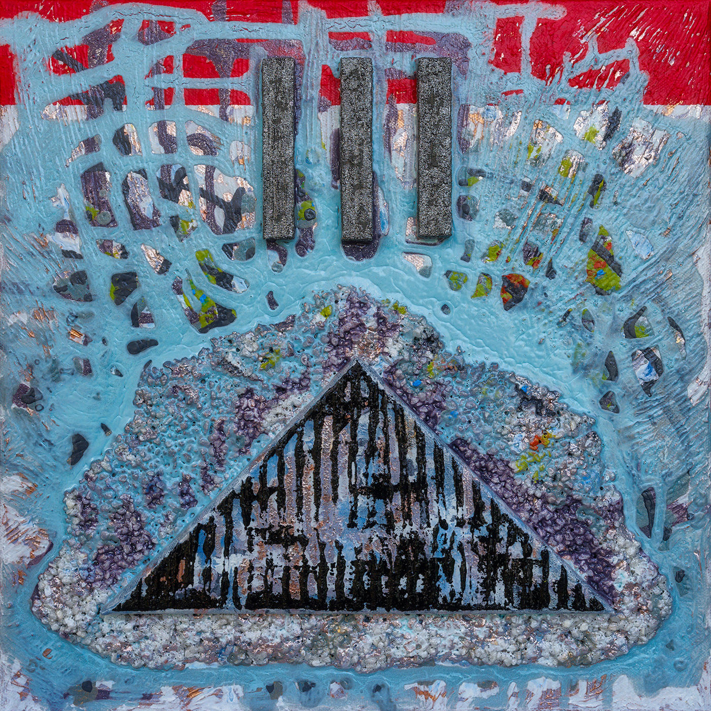 Signum 07, acrylique, sable, bois et pigments métalliques sur toile, 50x50 cm.