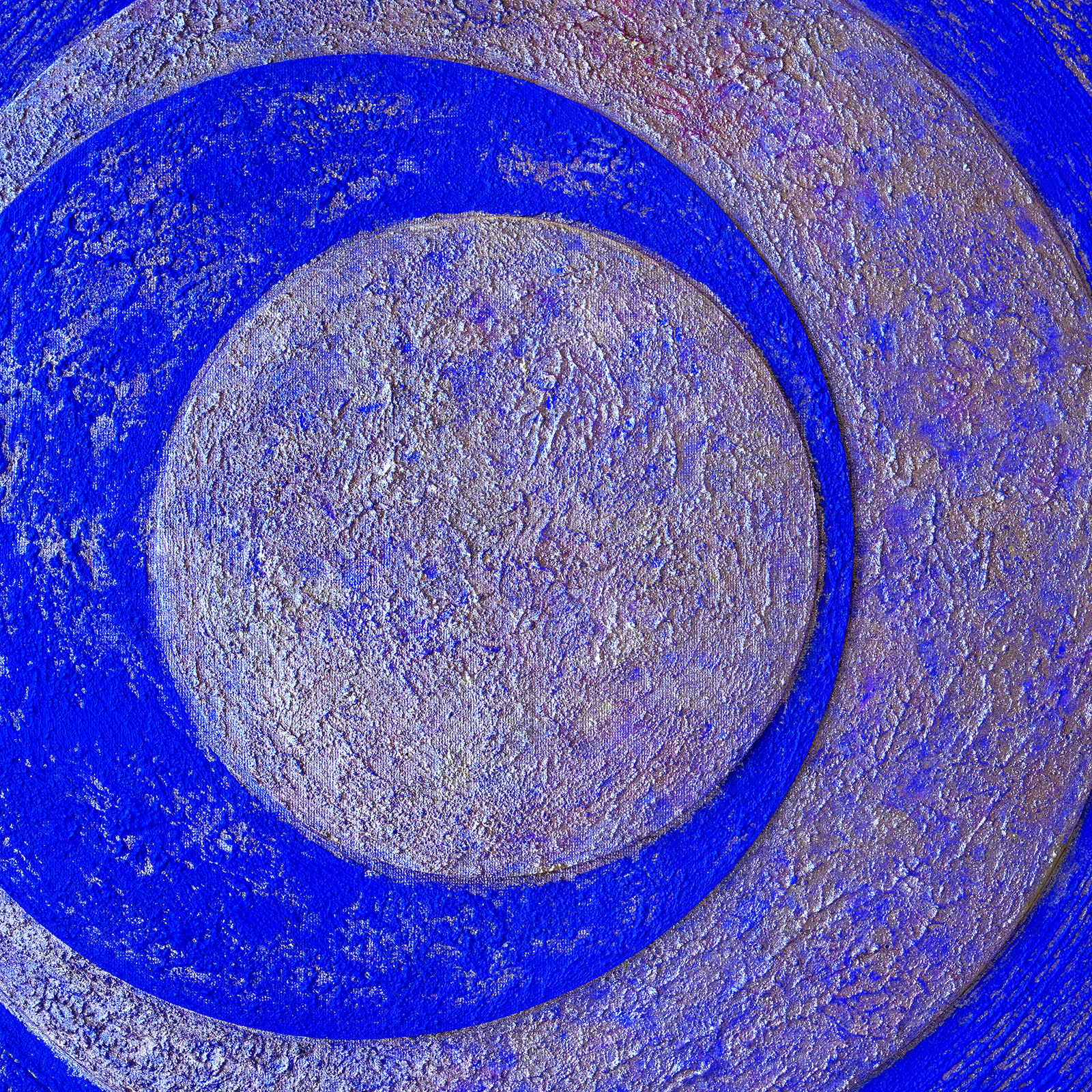 Cercle et espace 01, détail, acrylique, sable, cartons toilés et pigments métalliques sur toile, 50x50 cm.