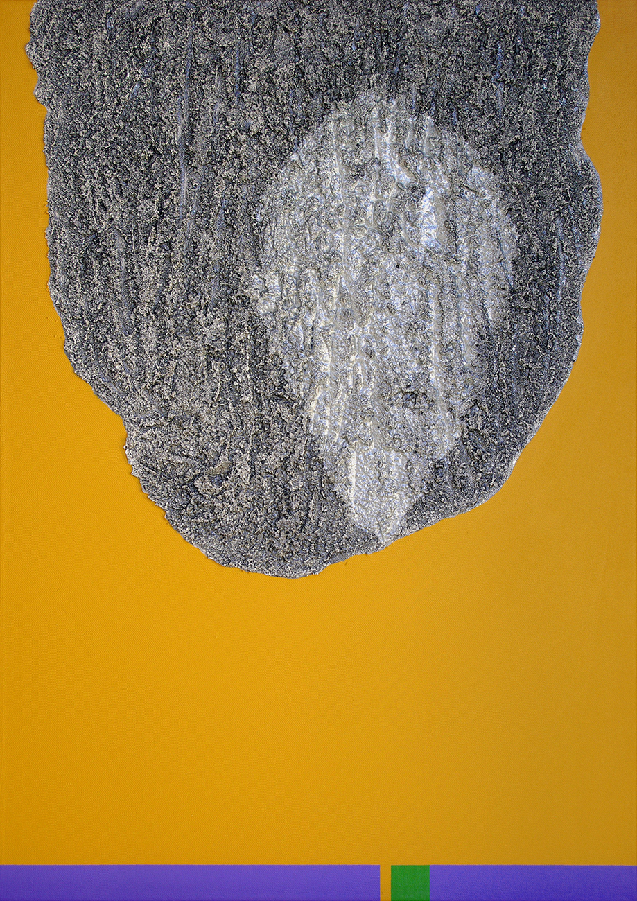 Eléments 03, acrylique, sable et pigments métalliques sur toile, 70x50 cm.