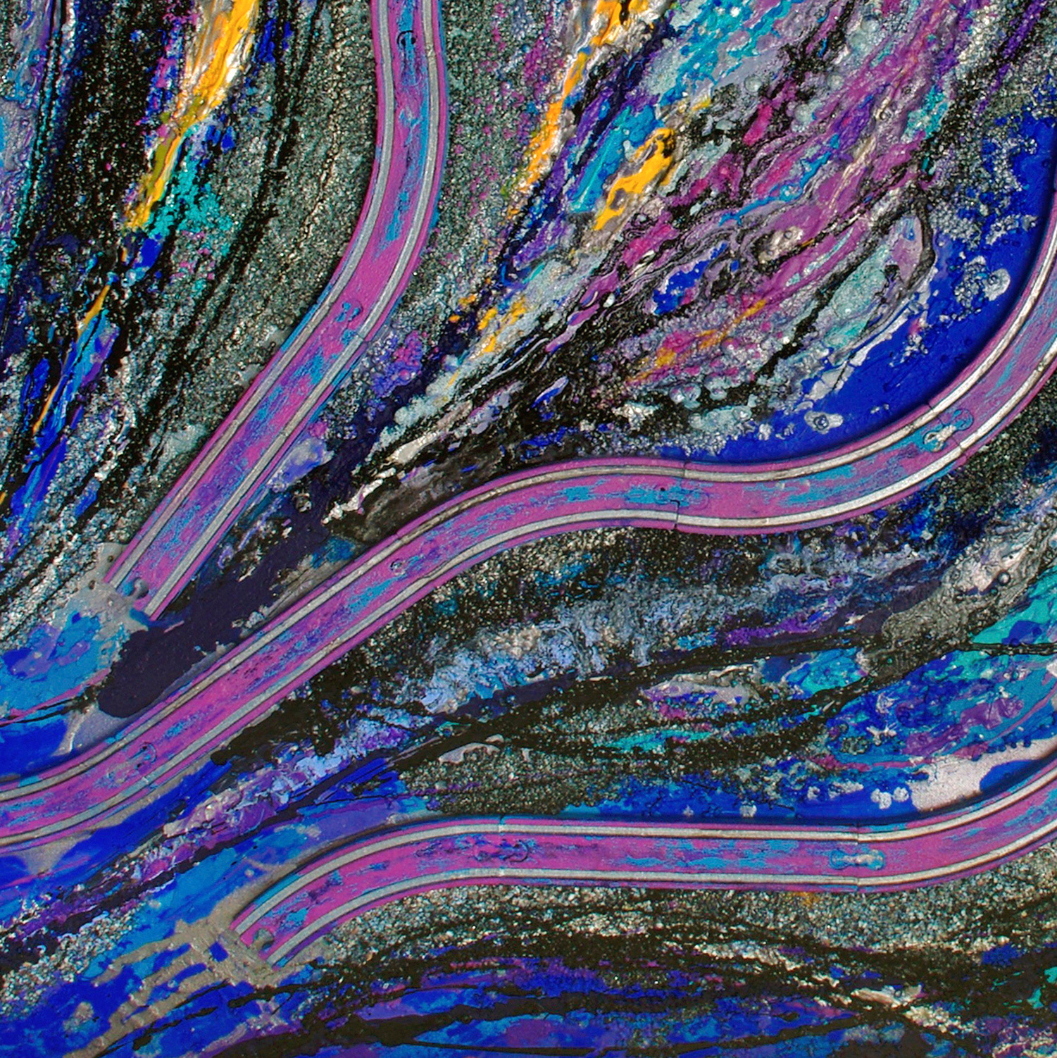 Hors des sentiers battus, détail, acrylique, bois et pigments métalliques sur toile, 100x120 cm.