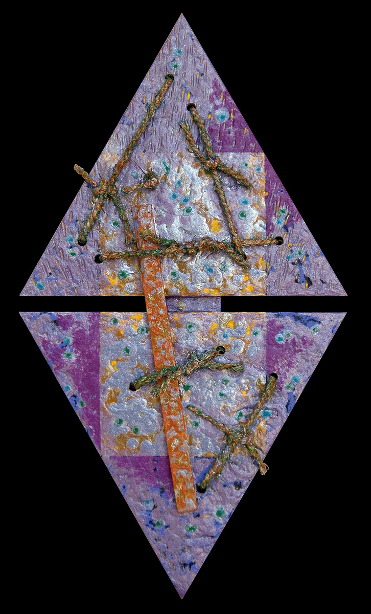 Signum 02, acrylique, corde et pigments métalliques sur bois, 58x30 cm.