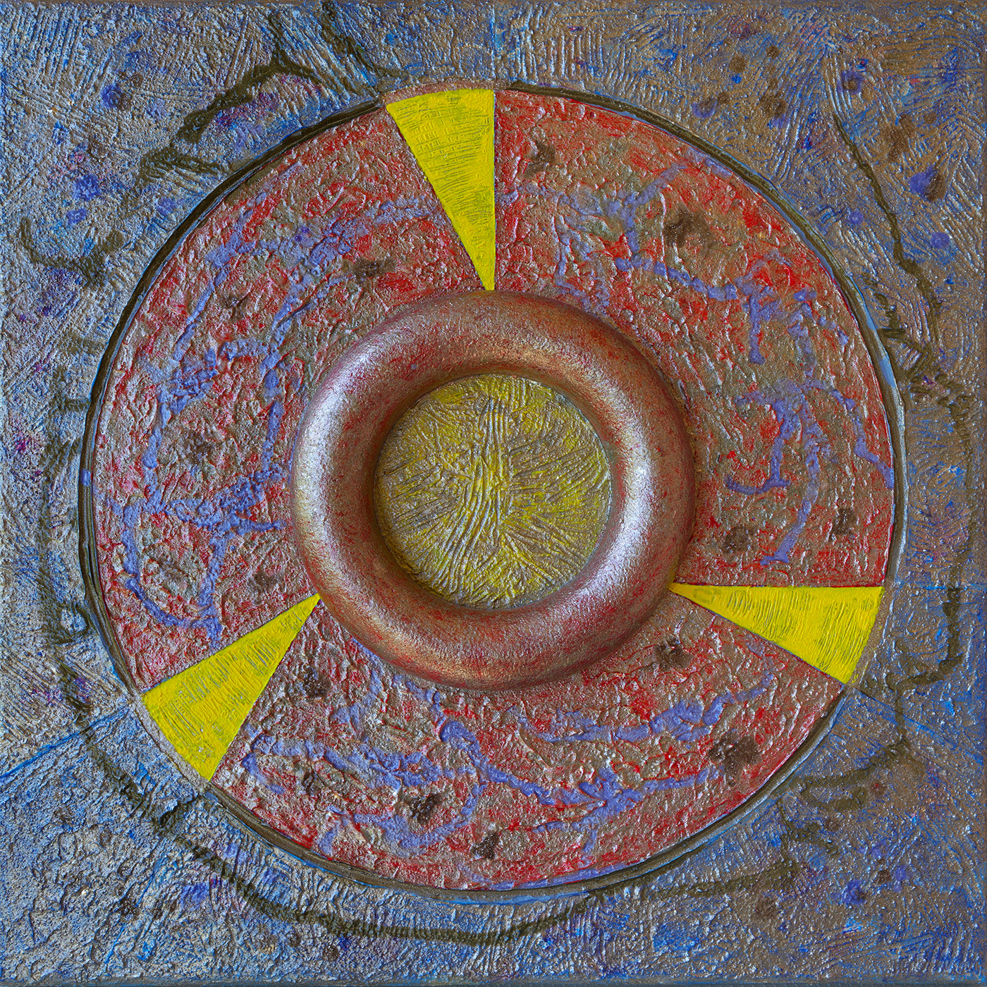 Signum 09, acrylique, sable, polystyrène et pigments métalliques sur toile, 50x50 cm.