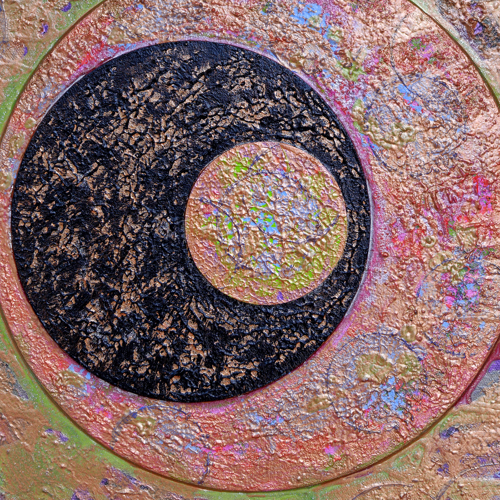 Cercle et espace 03,détail, acrylique, sable, cartons toilés et pigments métalliques sur toile, 50 x 50 cm.