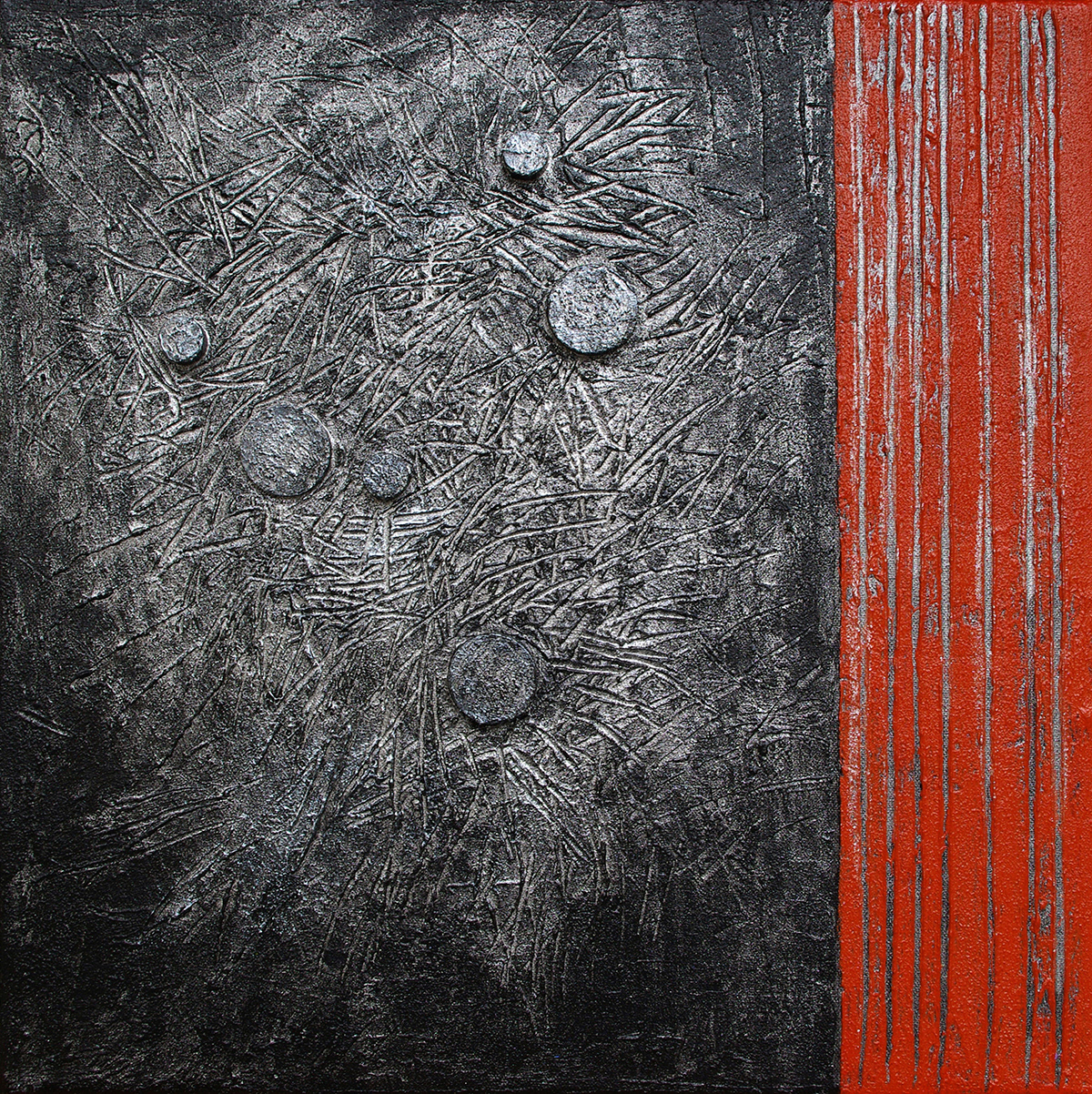 Concept 01, acrylique, sable, bois et pigments métalliques sur toile, 50x50 cm.