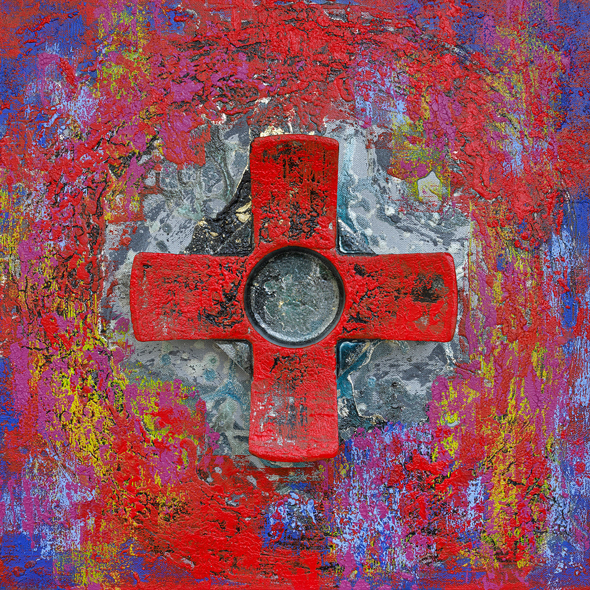 Crux 16, acrylique, sable, polystyrène et pigments métalliques sur toile, 50x50cm.