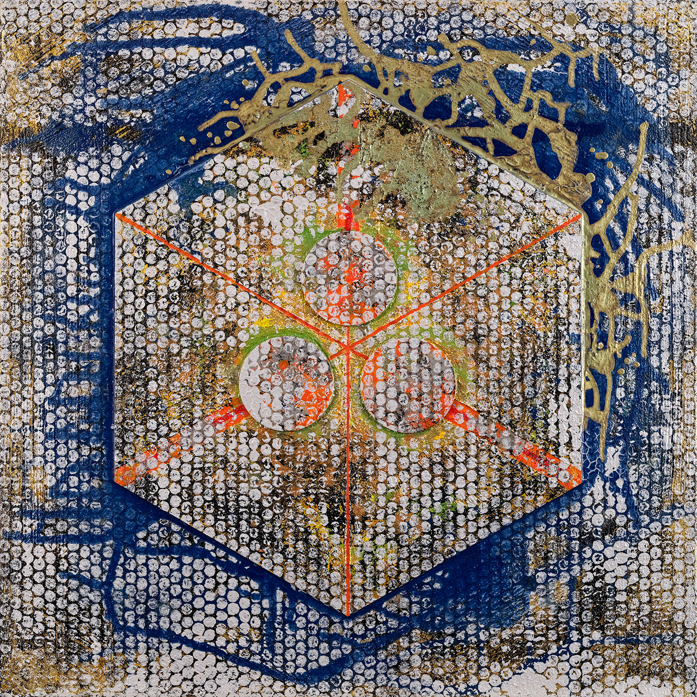 Hexagone 04, acrylique, sable, bois et pigments métalliques sur toile, 60x60 cm.