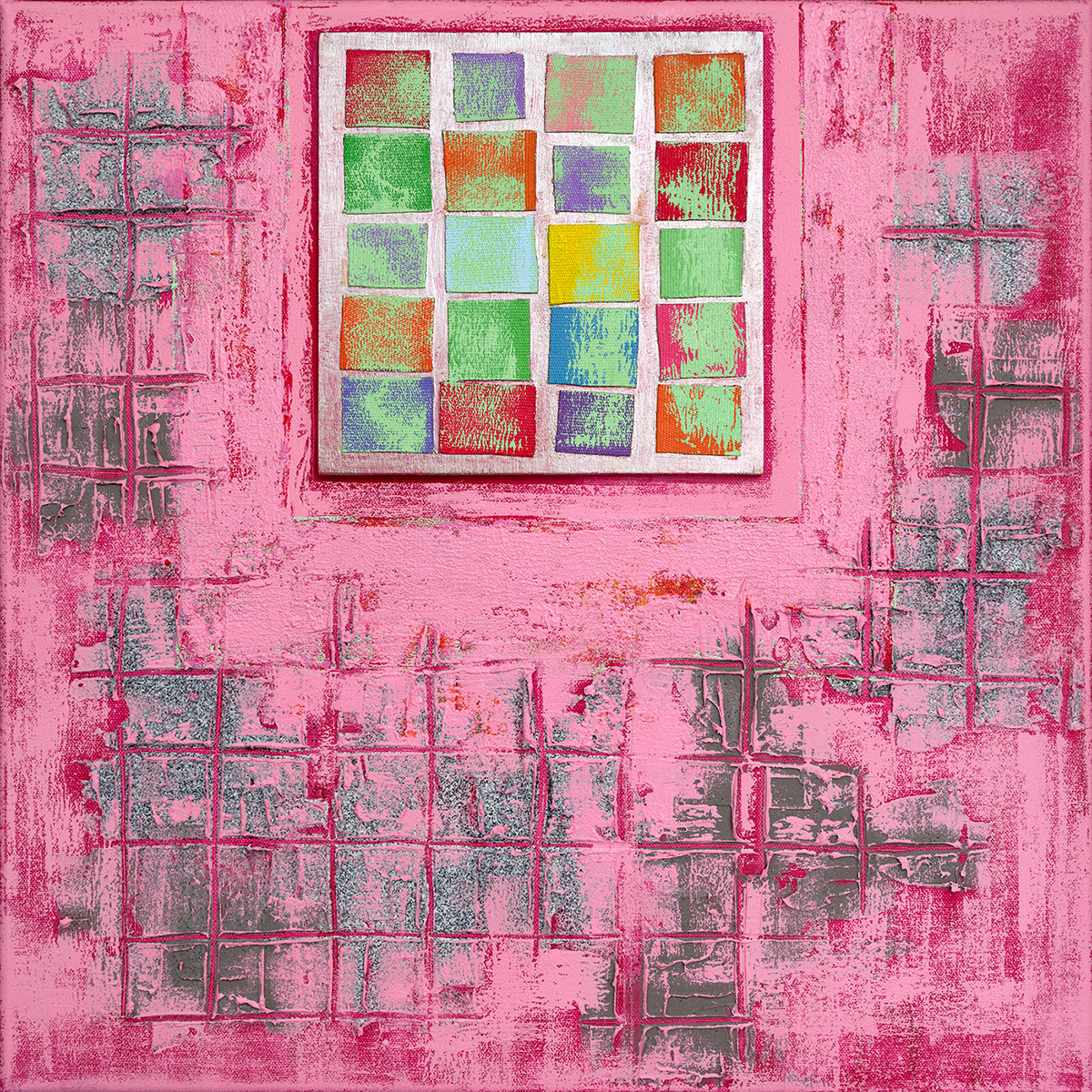 Struttura cromatica 06, acrylique, sable et bois sur toile, 50x50 cm.