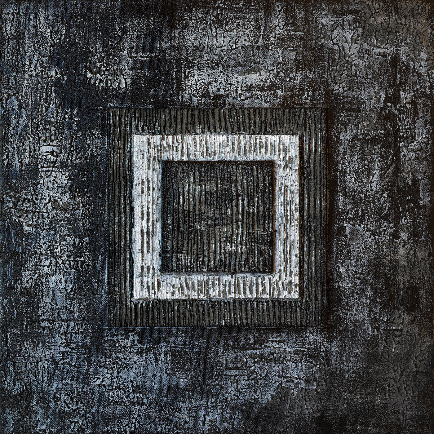 Centrum 02, acrylique, sable, cartons toilés et pigments métalliques sur toile, 40x40 cm.