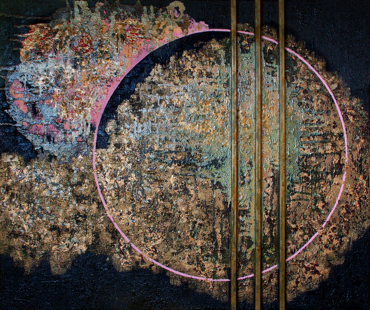 Origine 01, acrylique, sable, bois et pigments métalliques sur toile, 100x120 cm.