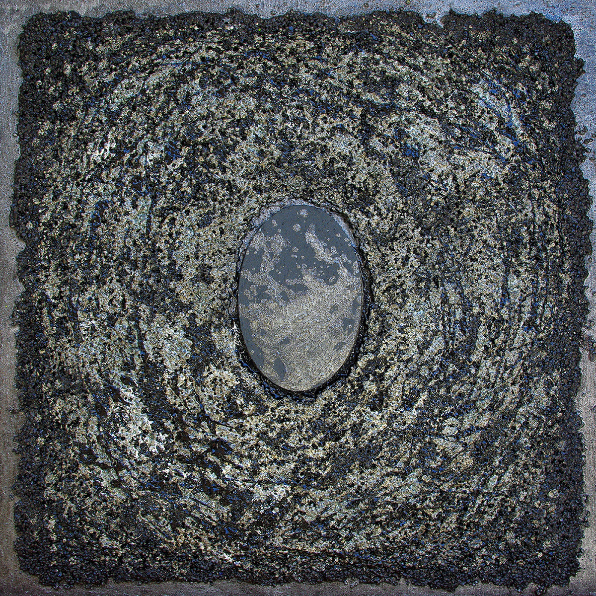 Matrice 46, acrylique, sable, bois et pigments métalliques sur toile, 50x50 cm.