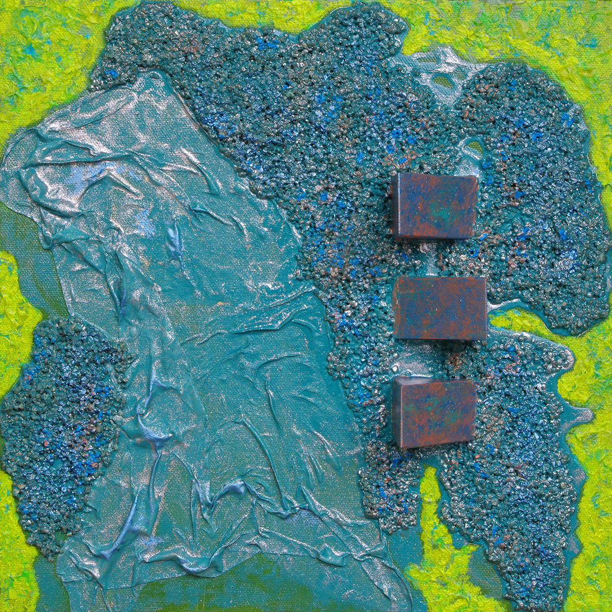 Eléments 14, acrylique, sable, bois, soie et pigments métalliques sur toile, 30x30 cm.