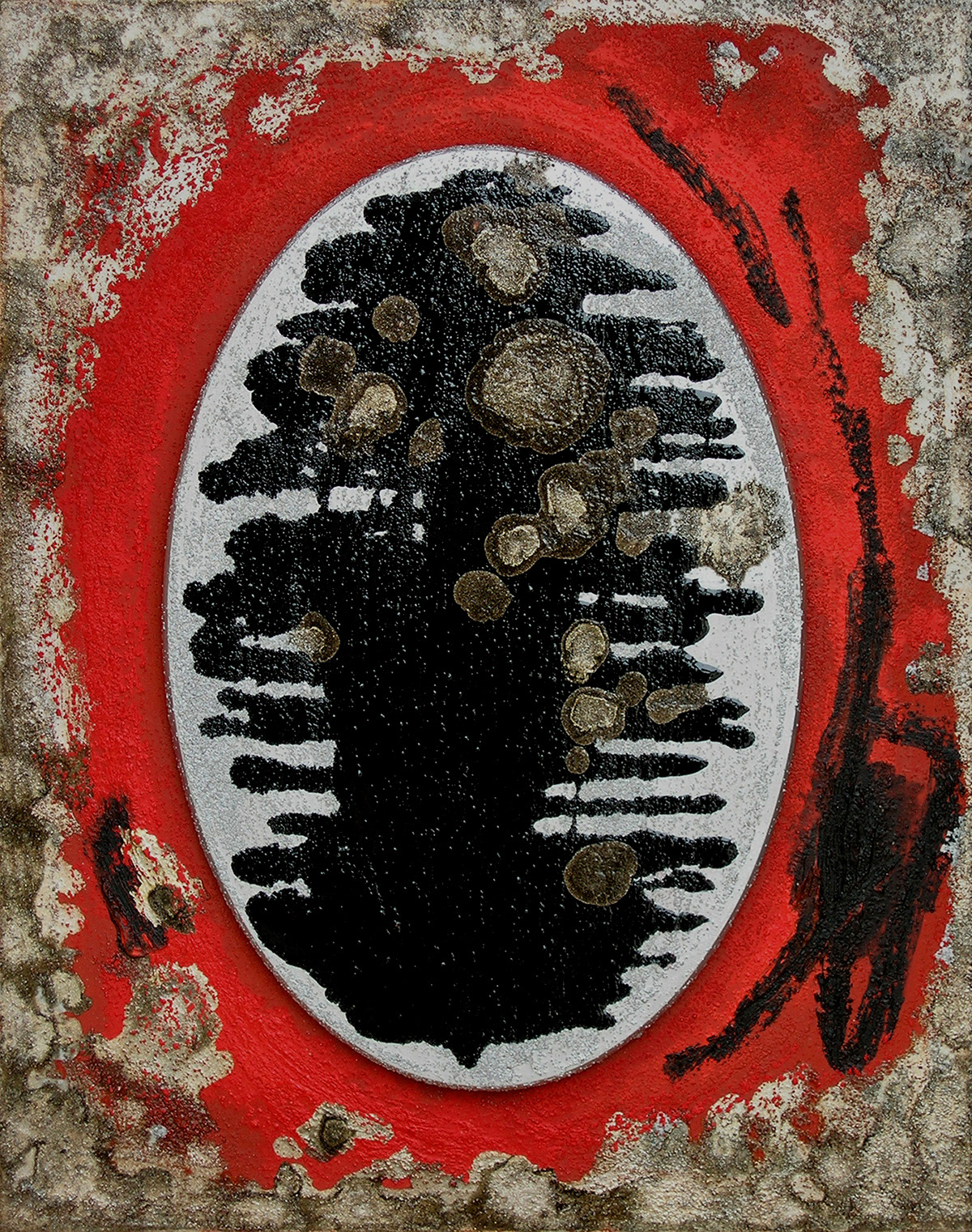 Matrice 06, acrylique, sable, huile et pigments métalliques sur bois, 33x26 cm.