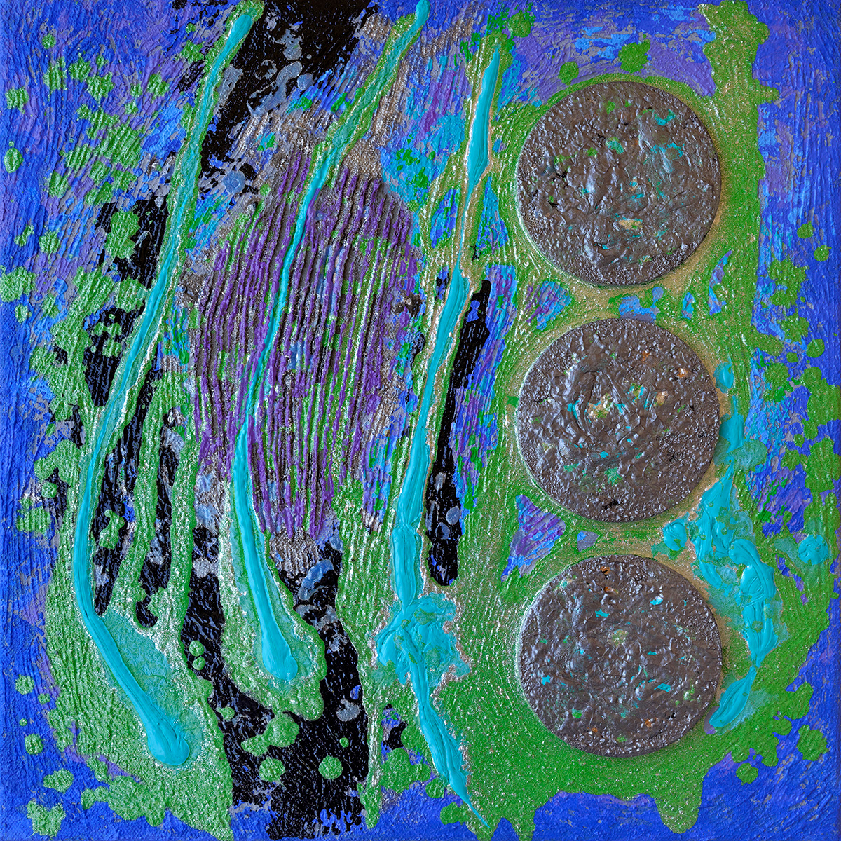 Evocation 01, acrylique, sable, bois et pigments métalliques sur toile, 40x40 cm.