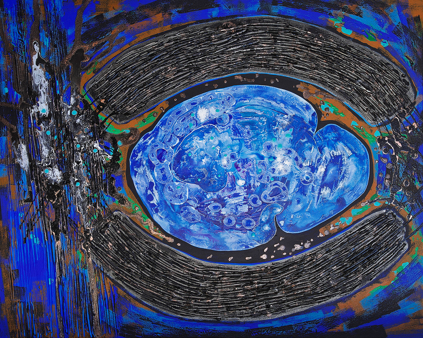 Psaume 139 (138) I, peinture et encres acryliques, sable et pigments métalliques sur toile, 80x100 cm.