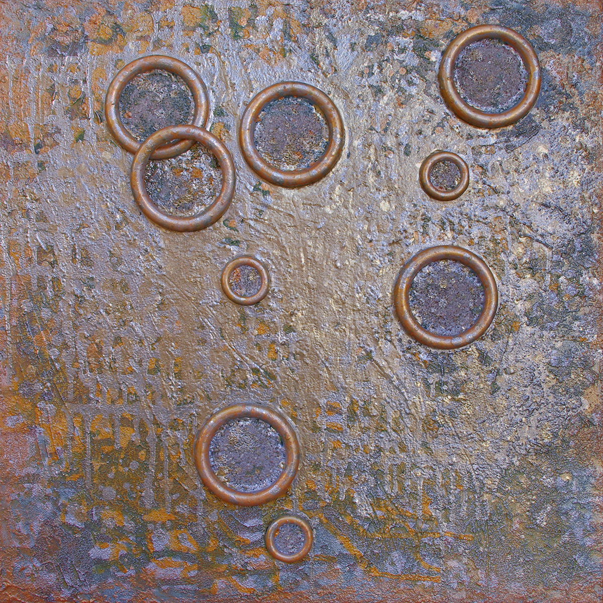 Eléments 09, acrylique, sable, bois et pigments métalliques sur toile, 50x50 cm.