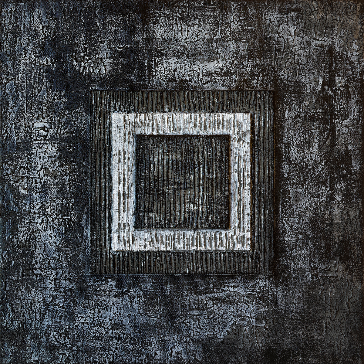 Centrum 02, acrylique, sable, cartons toilés et pigments métalliques sur toile, 40x40 cm.