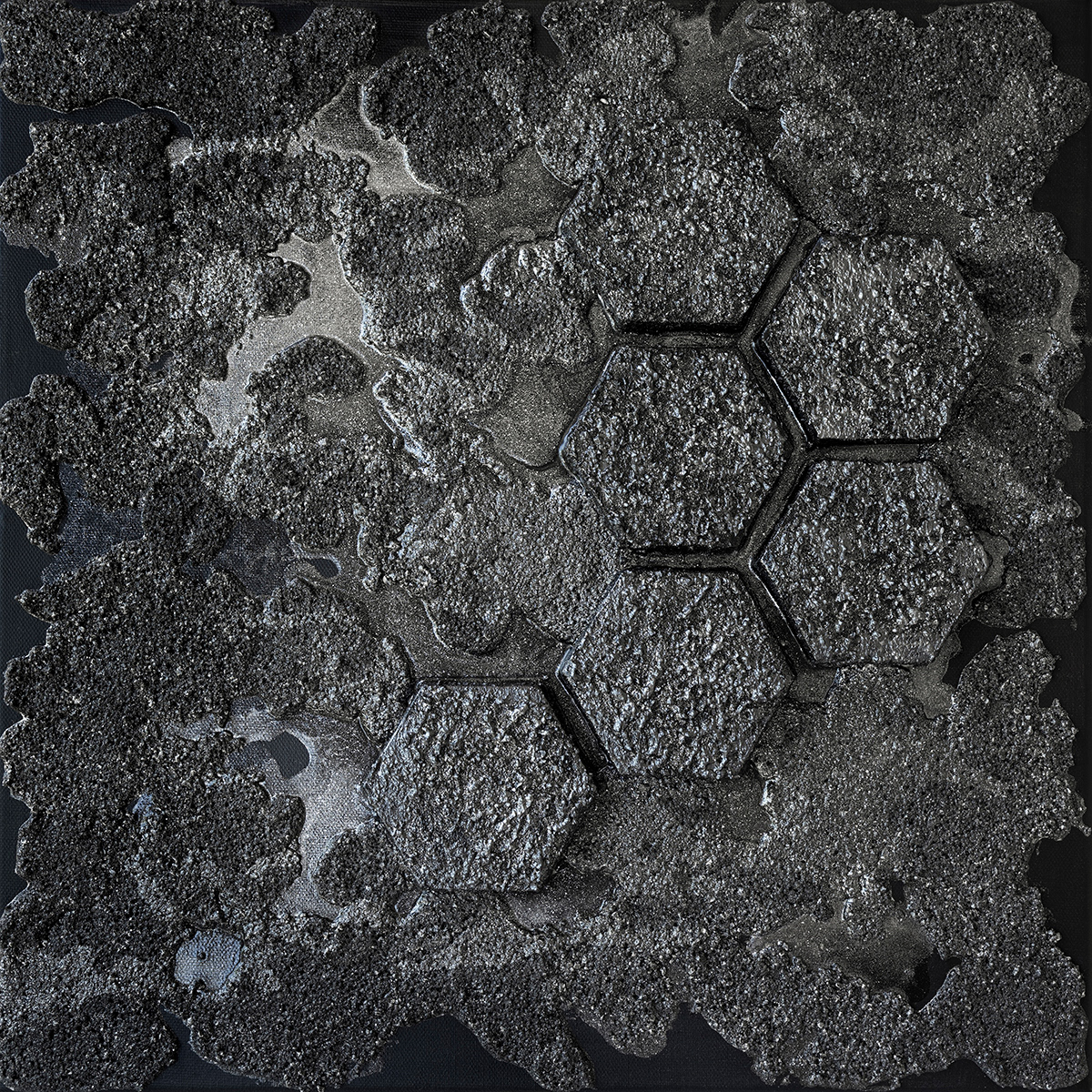 Hexagone 02, acrylique, sable et pigments métalliques sur toile, 50x50 cm.