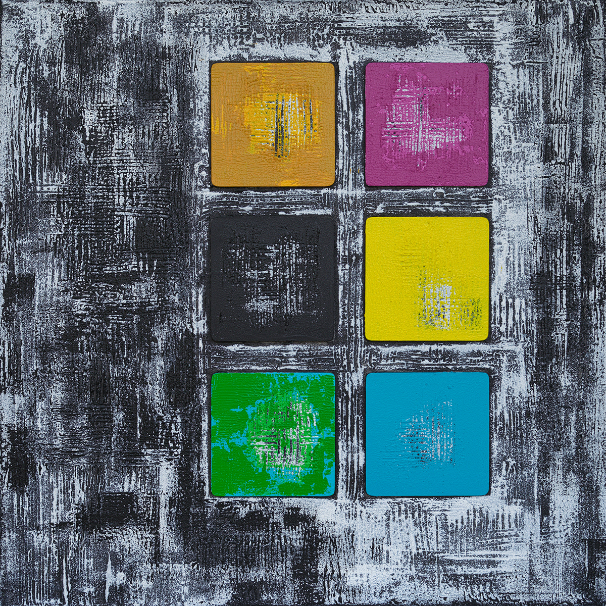 Struttura cromatica 03, acrylique, sable, bois et pigments métalliques sur toile, 50x50 cm.