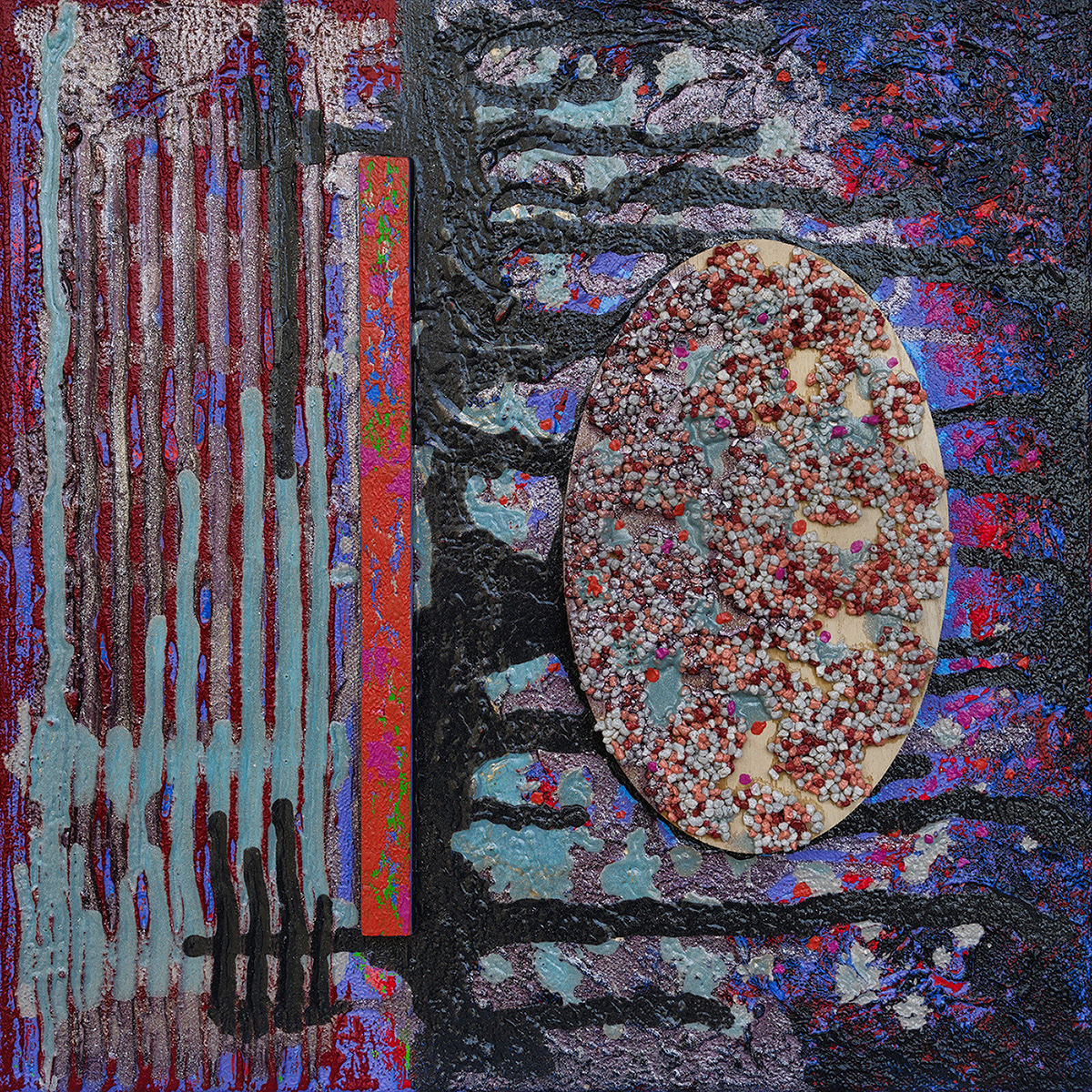 Matrice 55, acrylique, sable, bois et pigments métalliques sur toile, 40x40 cm.