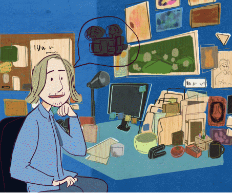 An animation of Jesse sitting at his desk, talking about movies and burgers.