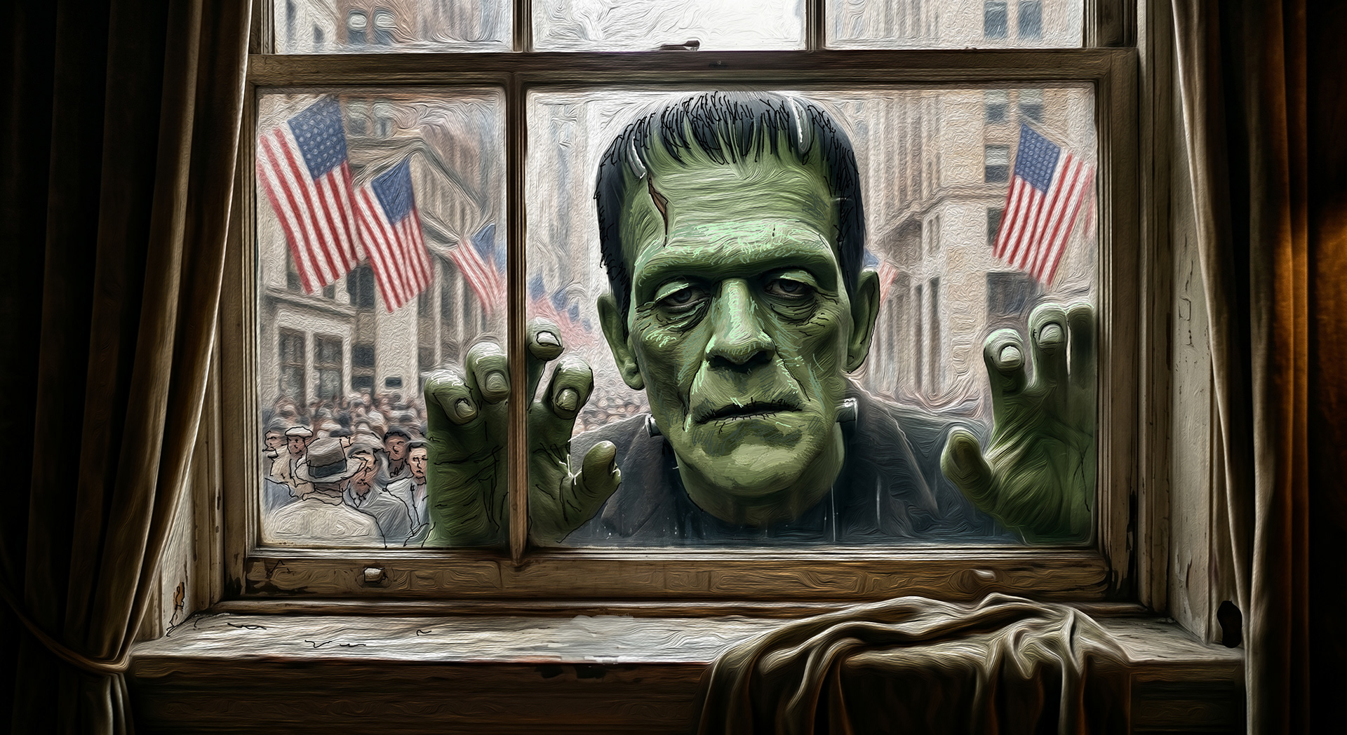 Painting titled Looking Within a Memory, featuring the Frankenstein monster peering into a window at a friend. from the Gods and Monsters series by visual artist Richard Rosenbaum