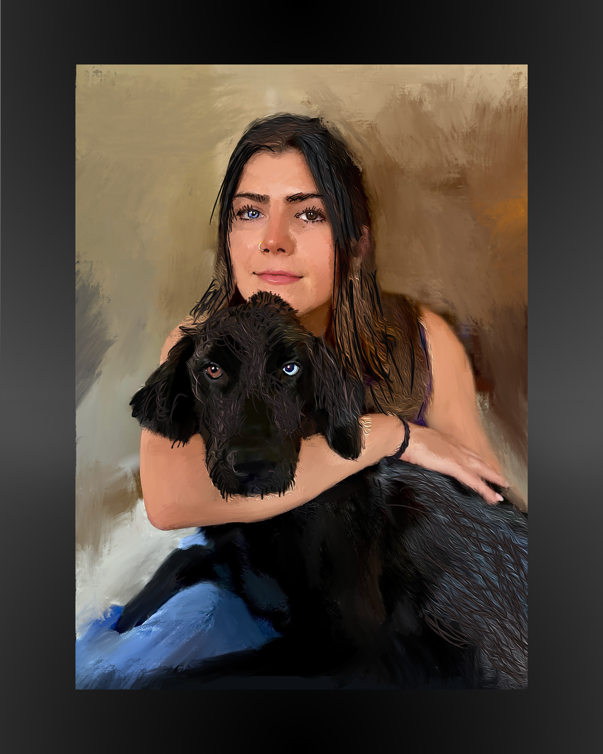 Diptych showing a Colombian musician and a young woman with heterochromia holding a puppy with heterochromia.from the Gods and Monsters series by visual artist Richard Rosenbaum