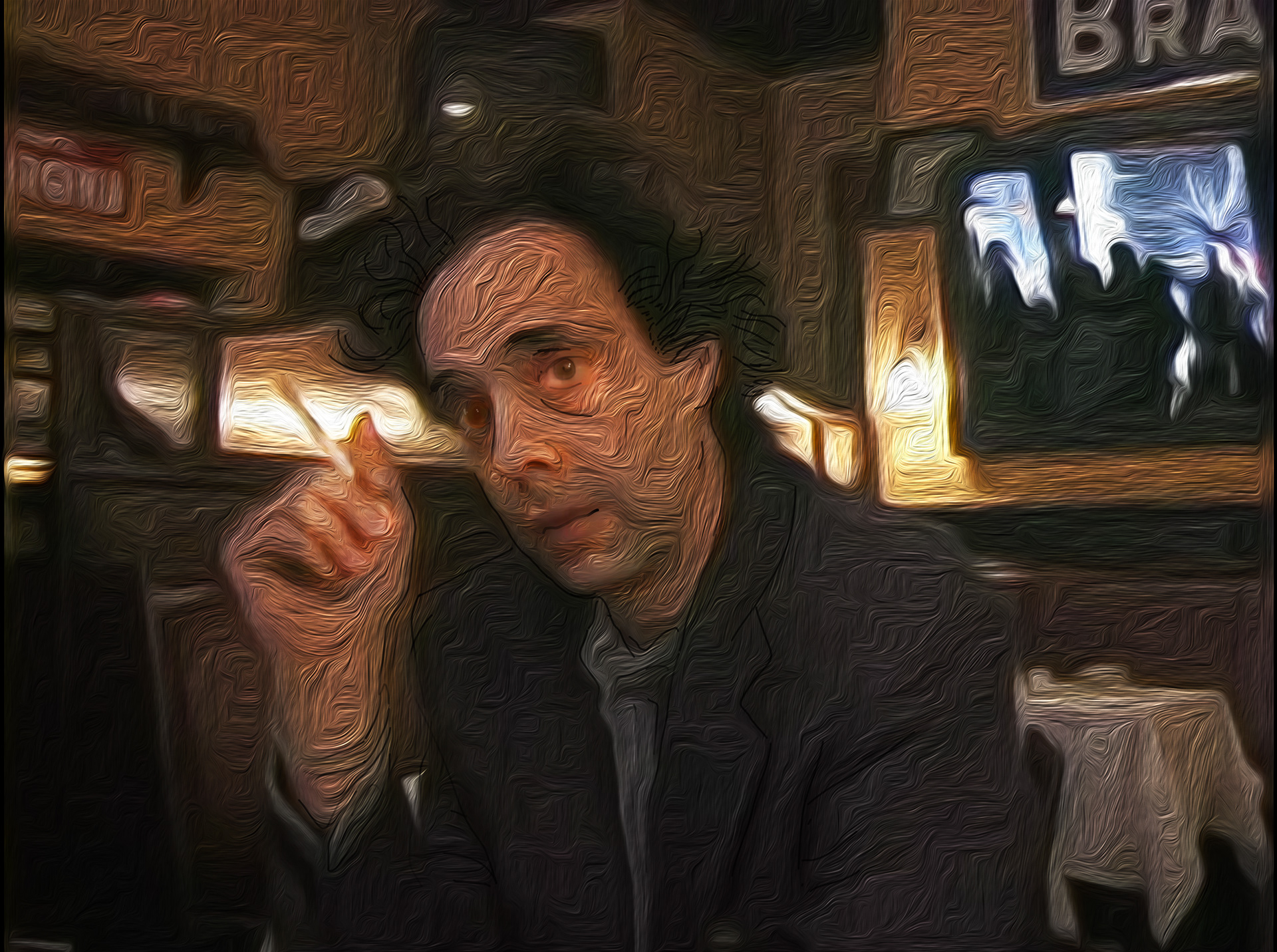 Portrait of Colin de Land smoking a cigarette in a cafe. from the Gods and Monsters series by visual artist Richard Rosenbaum