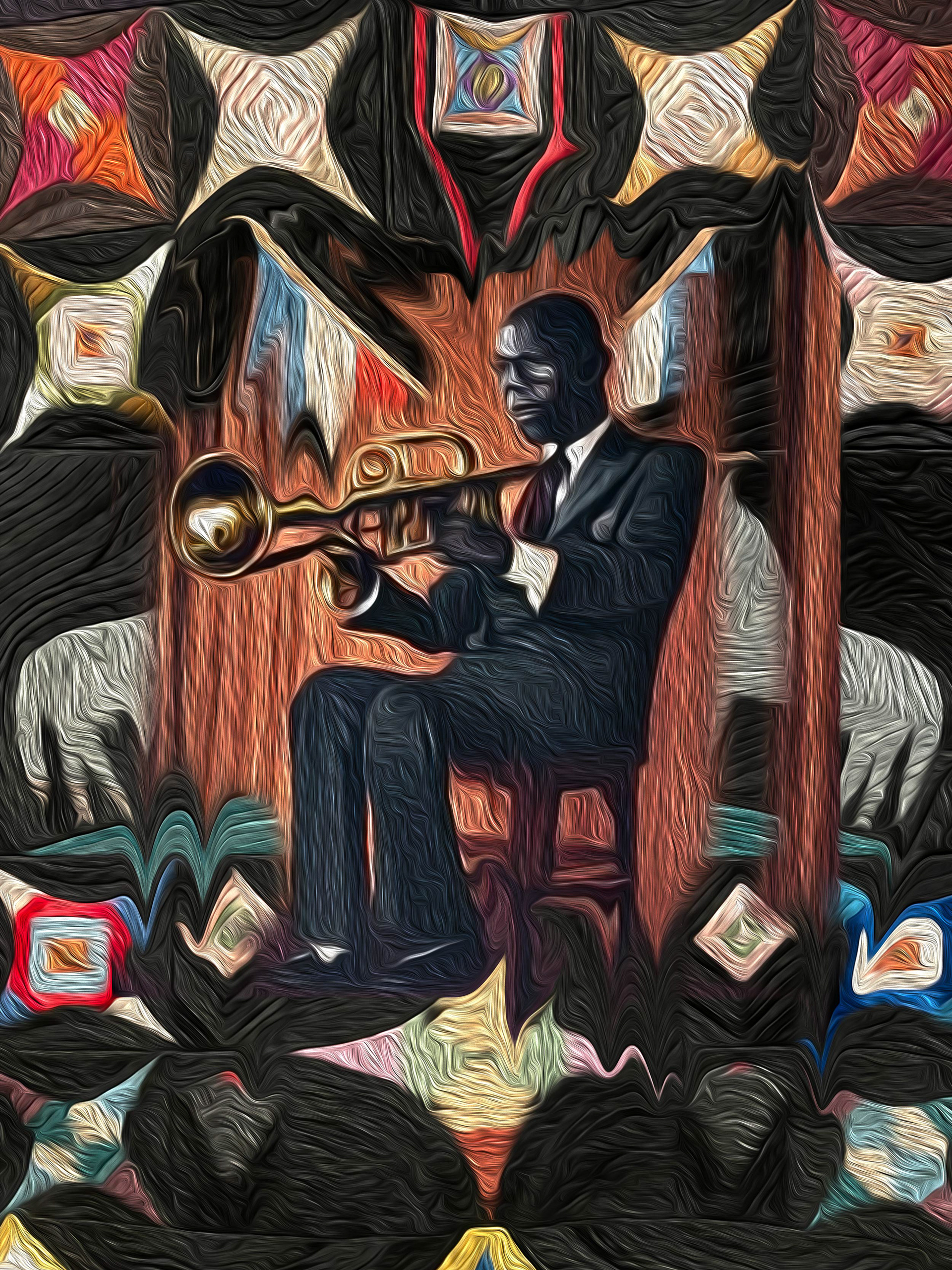 Painting titled Bourbon Street, depicting a jazz musician in a tapestry of folk art. from the Gods and Monsters series by visual artist Richard Rosenbaum