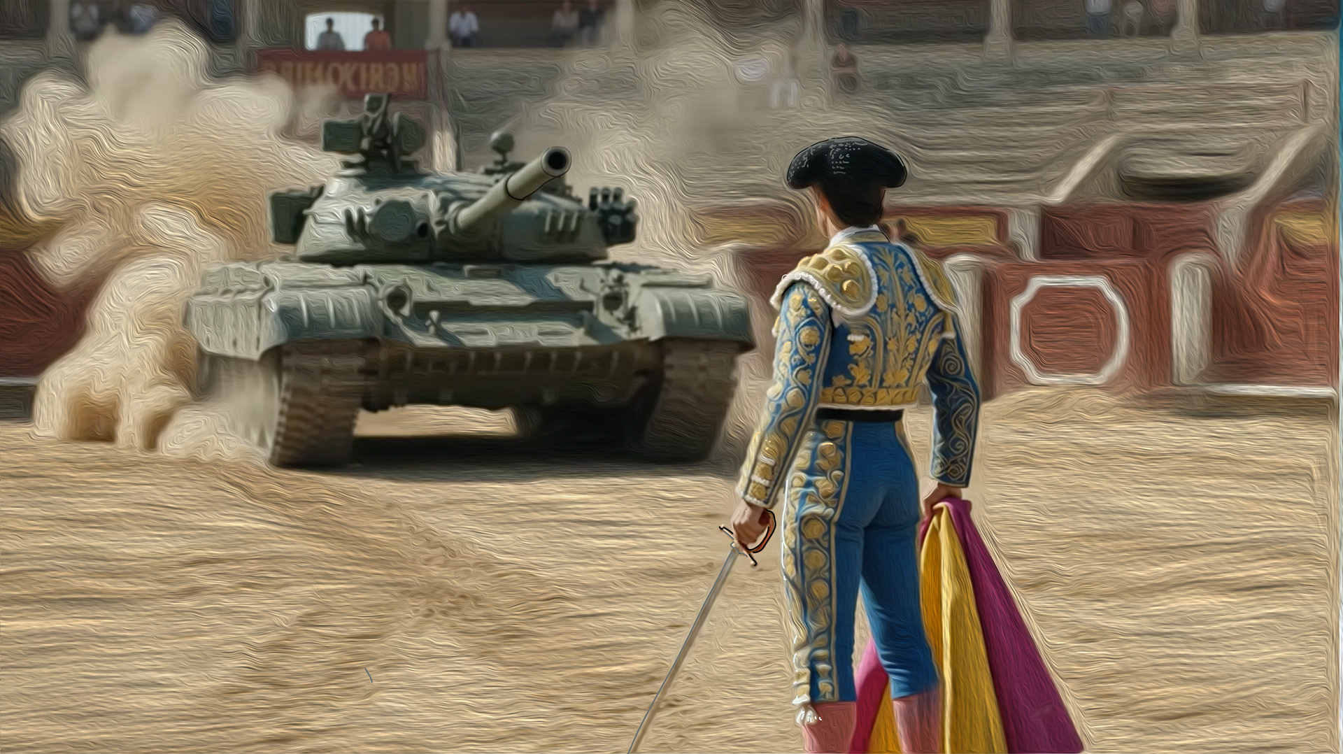 Digital painting titled The Charge of the Bull from the Gods & Monsters series, depicting a dramatic matador facing down a T-100 Soviet tank. from the Gods and Monsters series by visual artist Richard Rosenbaum
