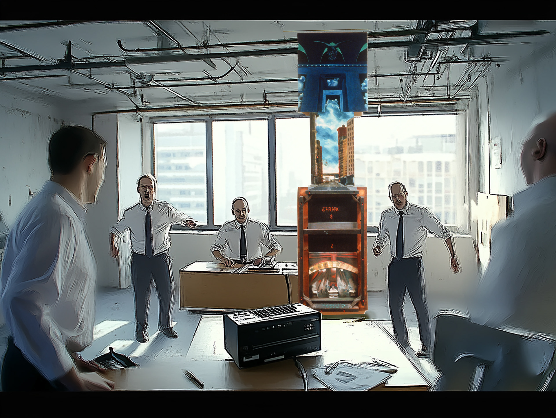 Title "The Office Visit," depicting a sudden doorway to Blackwell Island appearing inside a corporate office, filled with startled men. from the Gods and Monsters series by visual artist Richard Rosenbaum