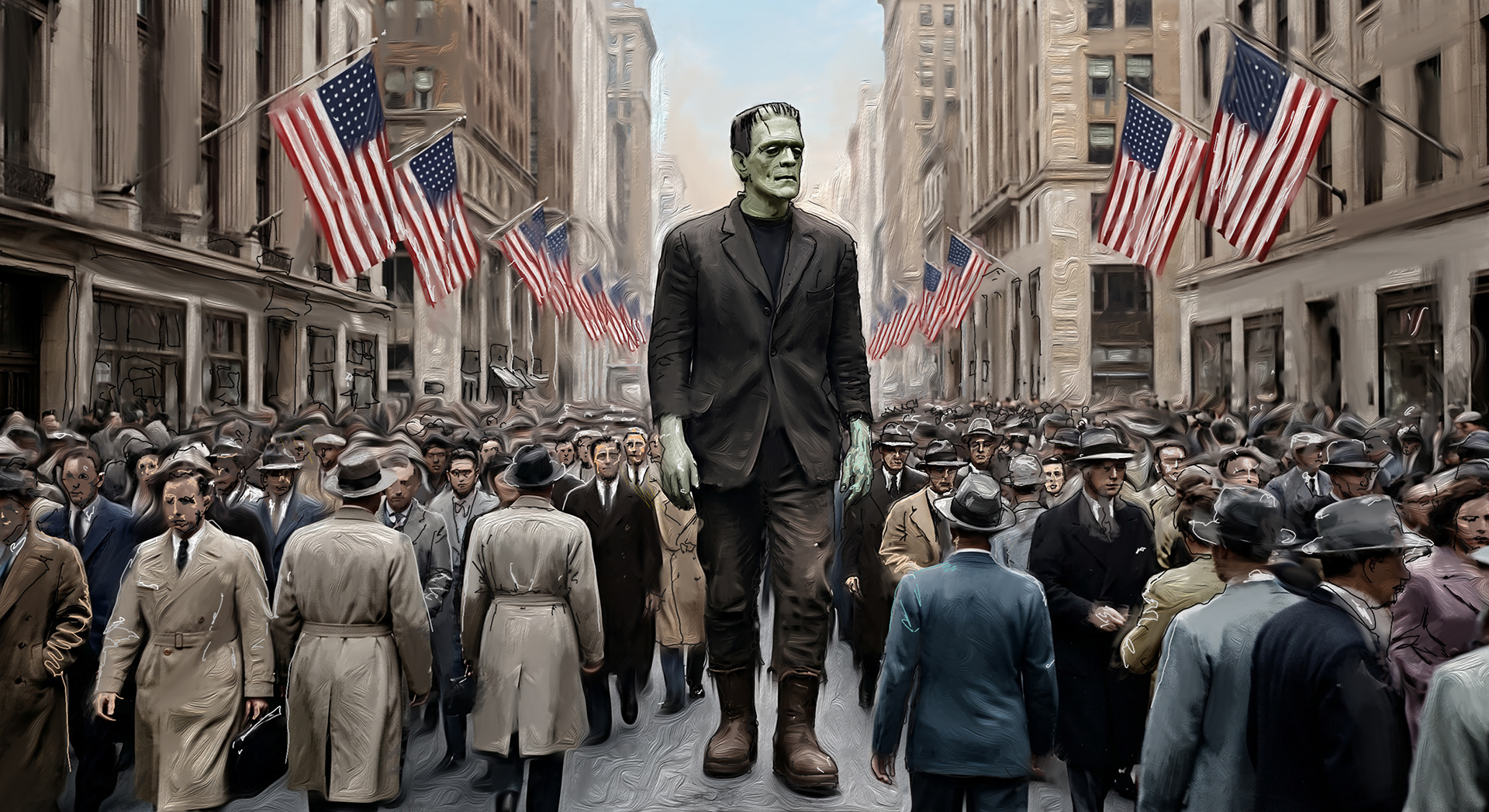 Digital painting titled The Leviathan, featuring a 12-foot Frankenstein monster walking down a festooned Wall Street, surrounded by huge crowds from the Gods and Monsters series by visual artist Richard Rosenbaum.