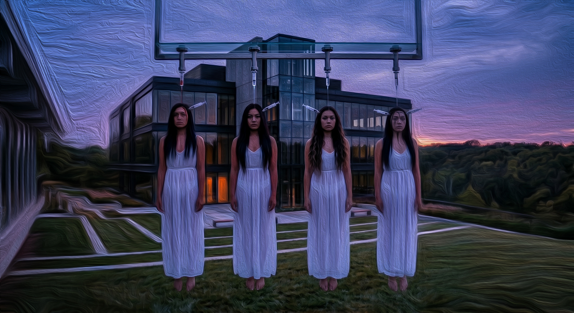 Digital painting titled Corporate Headquarters, showcasing four young women in white dresses hanging by their heads.from an idea from George Saunders semplica girls .